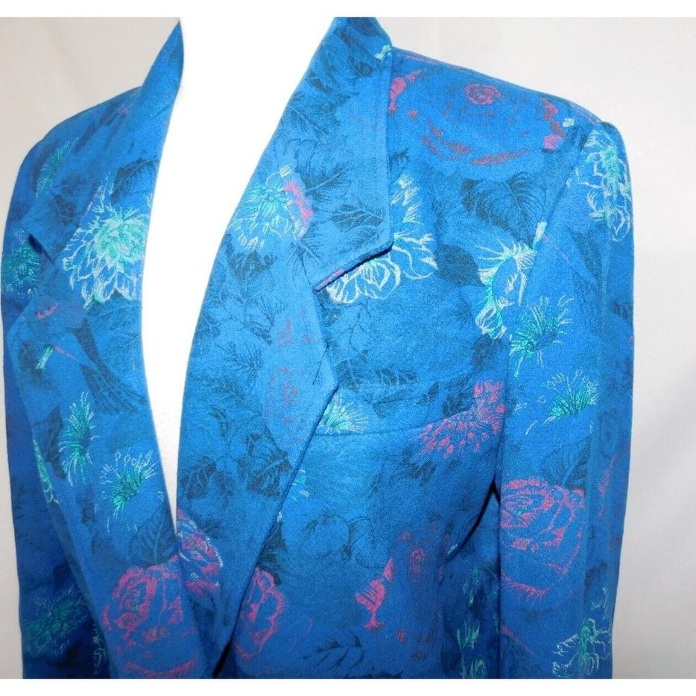 VTG LOUBEN Women 8 Blue Floral Wool Blend Oversized Blazer Jacket Shoulder Pads - Picture 8 of 12